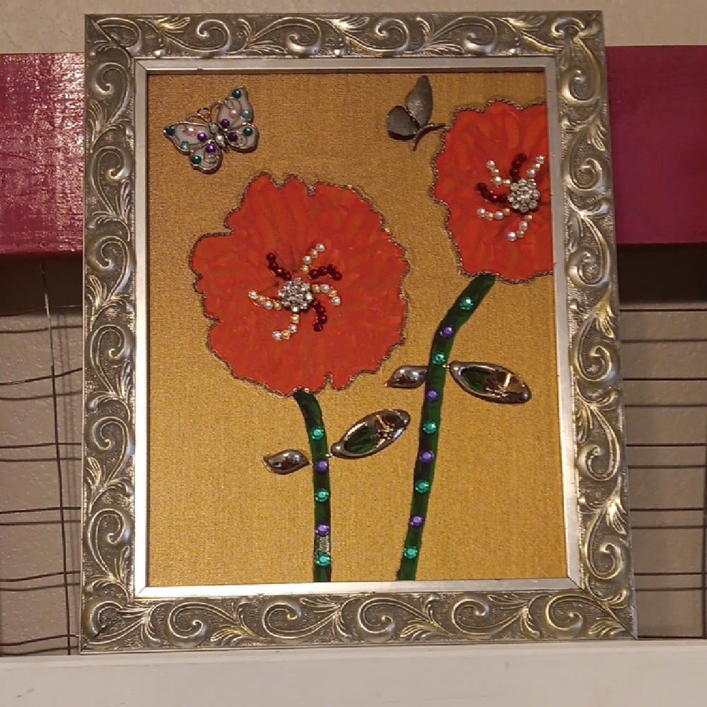 Framed JEWELRY ART with Ornate Silver Frame, Floral Art with Red Flowers